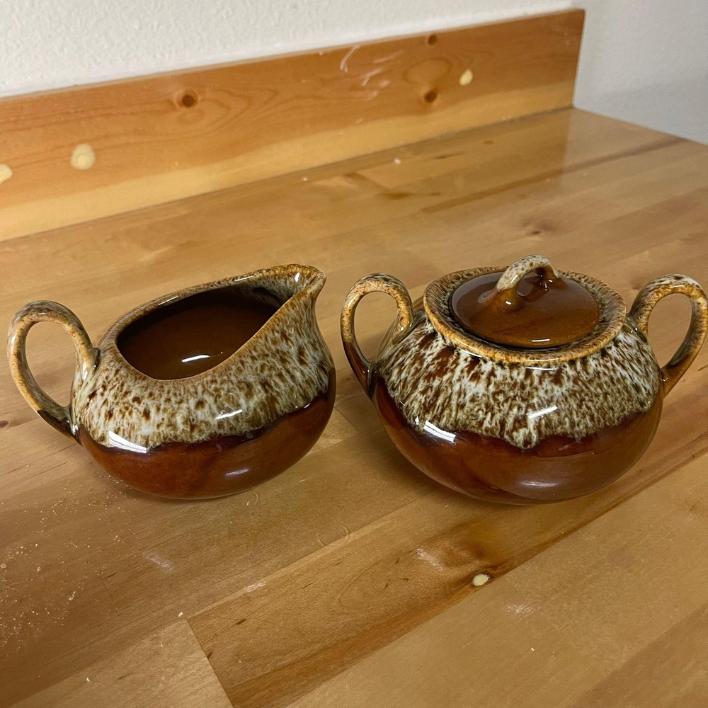 Vintage Ceramic Creamer and Sugar Bowl Set Brown‎ Drip Glaze MCM Retro Kitchen